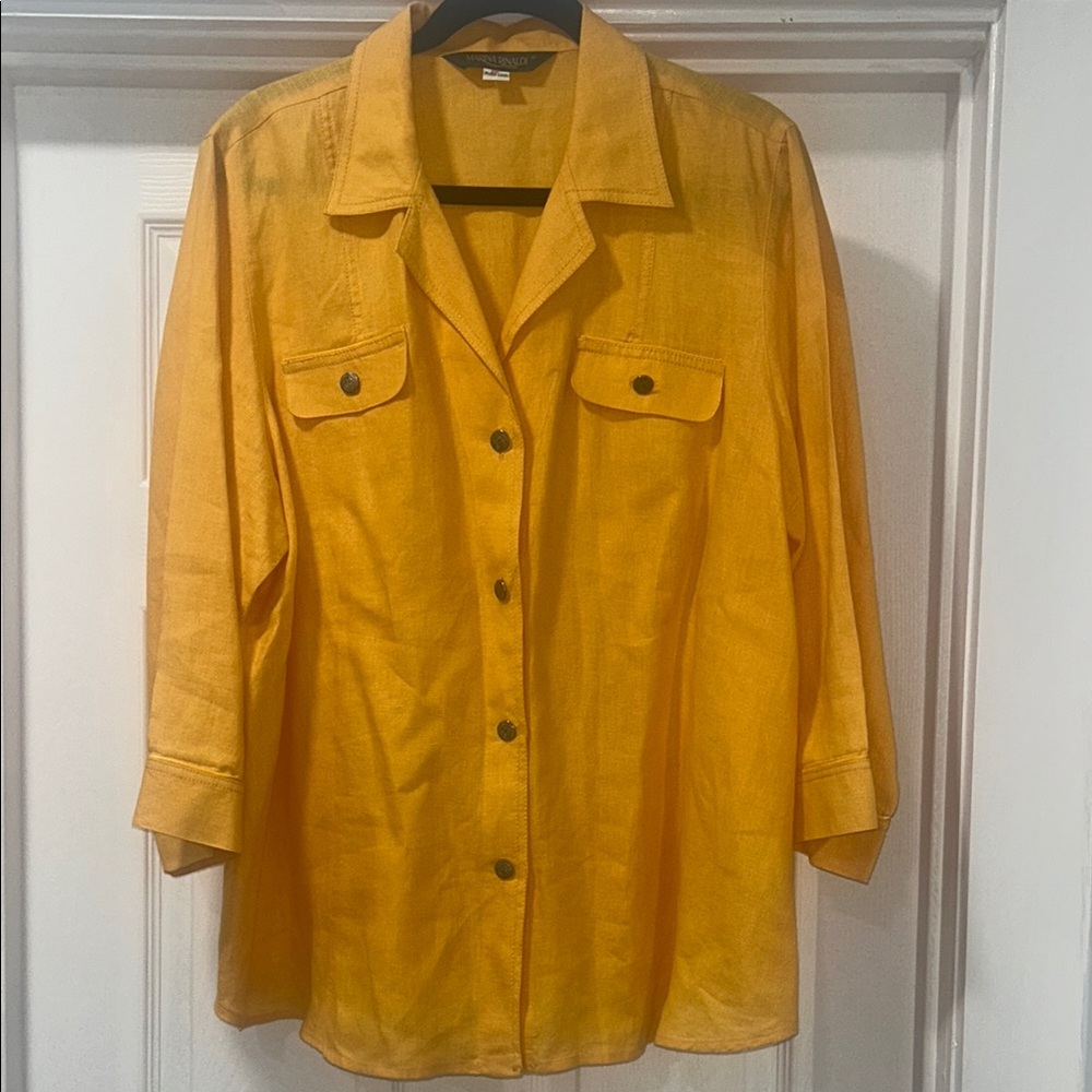 Marina Rinaldi Yellow Pure Linen Boxy Button Down Blouse